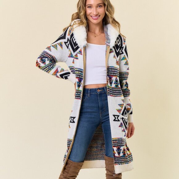 ON BLUE Rainbow Aztec Print Zip-Up Cardigan: Faux Fur Lined Hooded Cardigan Coat - Picture 4 of 15
